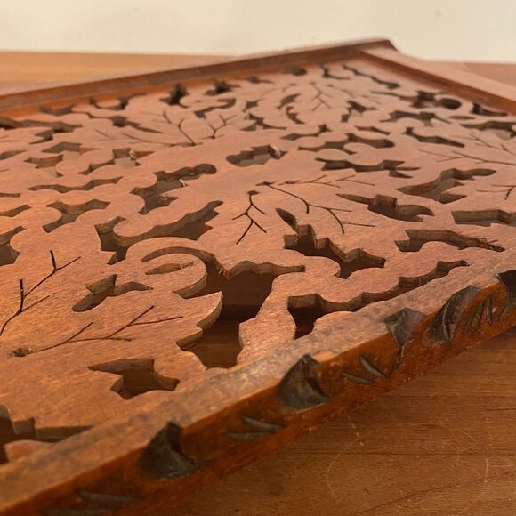 Wooden Serving Tray Rectangular Carved Decorative Leaf Ornate Design Wooden Tray - Picture 4 of 6